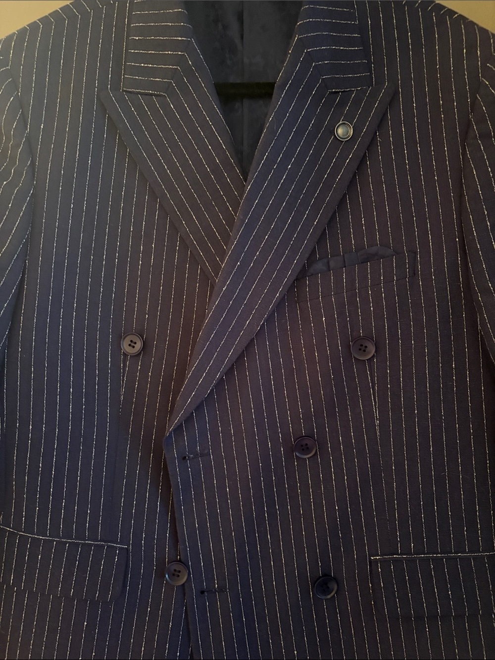 Men's Double-Breasted Navy Pinstripe Blazer